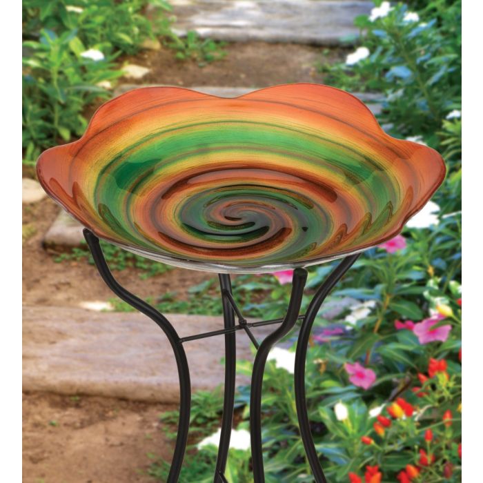 AWESOME Blown Glass Birdbath & Stand - Rainbow Swirl - 18 inch