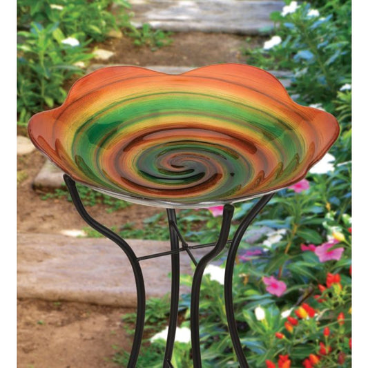 AWESOME Blown Glass Birdbath & Stand - Rainbow Swirl - 18 inch