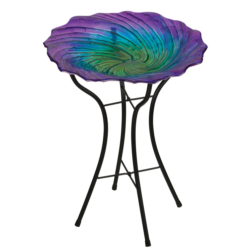 Custom Hand Blown-Glass Bird Bath & Stand - Purple Ripple - 18 inch