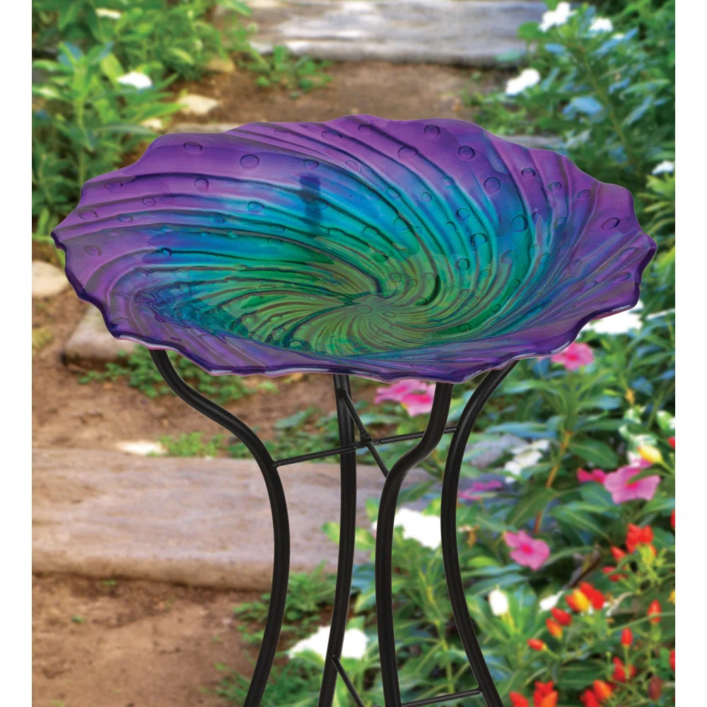 Custom Hand Blown-Glass Bird Bath & Stand - Purple Ripple - 18 inch