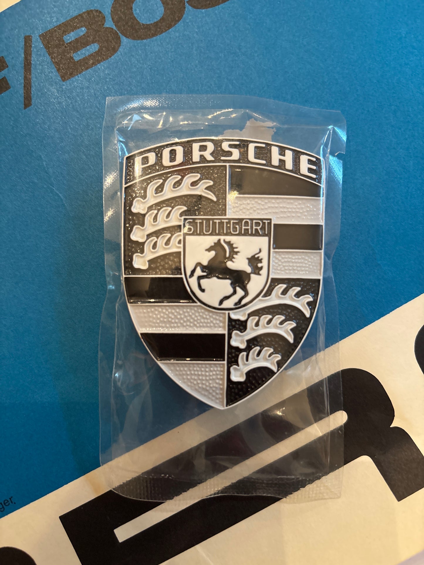 Porsche crest hood badge, gray, black and white