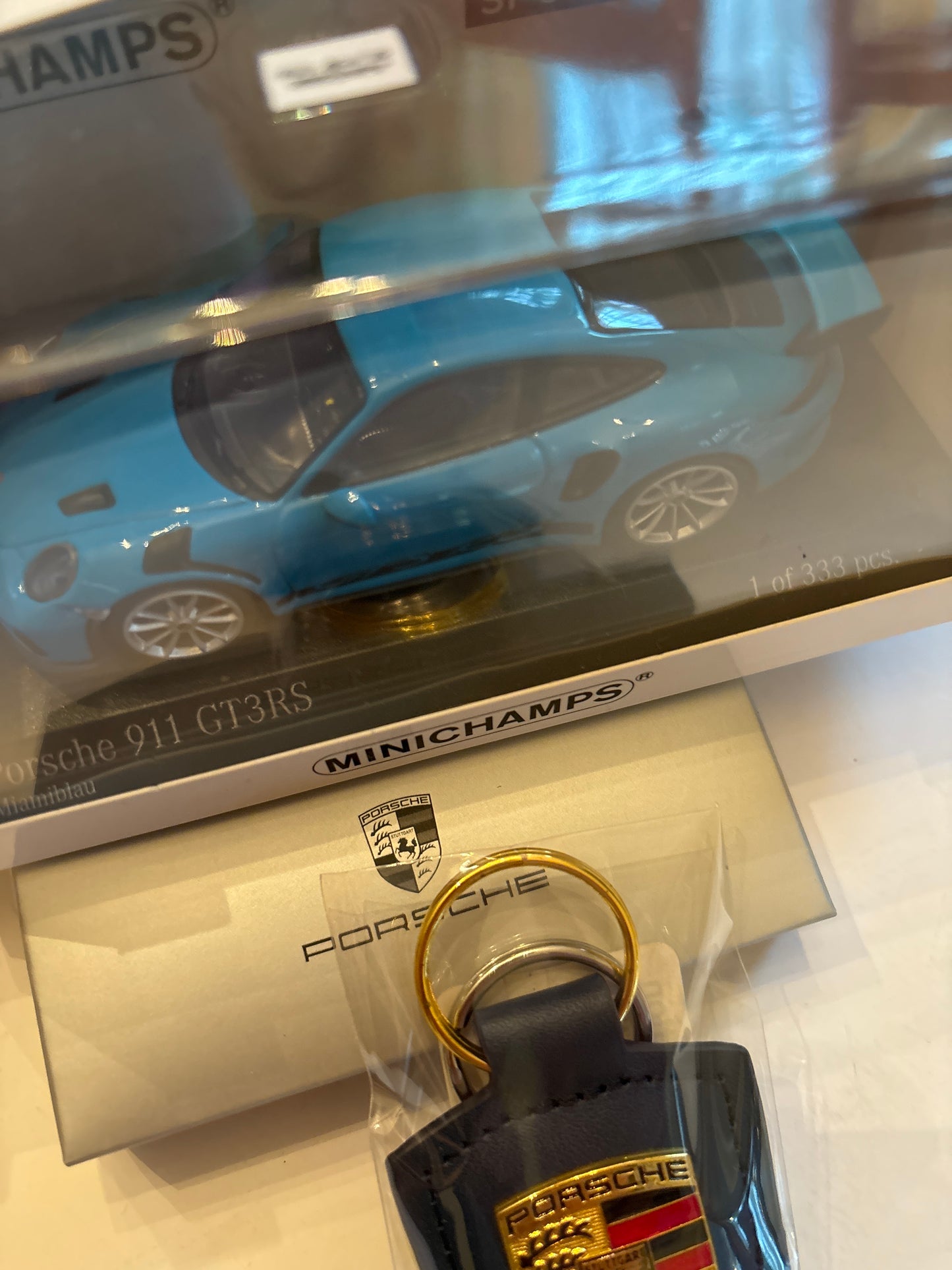 Minichamp Porsche 911 GT3 RS diecast 1 of 333 &Free Porsche Key Chain Blue 1:43