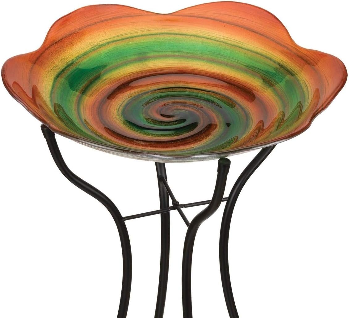 AWESOME Blown Glass Birdbath & Stand - Rainbow Swirl - 18 inch