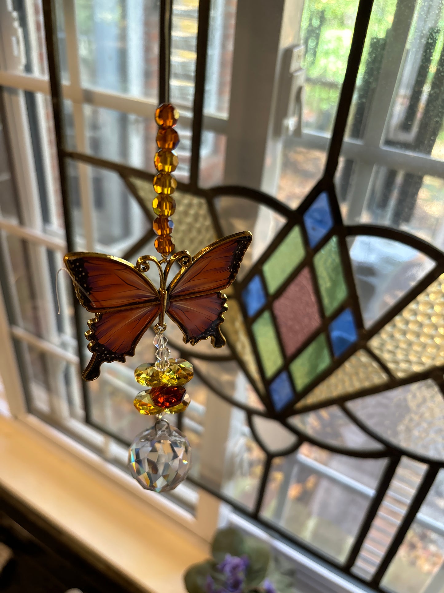 Monarch Butterfly pendant ornament glass with Crystal Ball