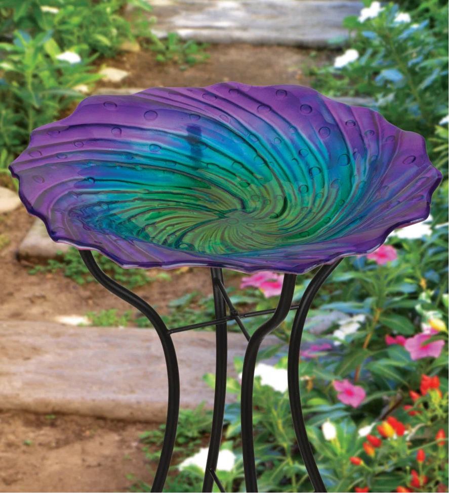 Custom Hand Blown-Glass Bird Bath & Stand - Purple Ripple - 18 inch