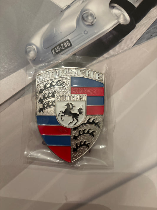 Red white and blue Porsche Hood crest