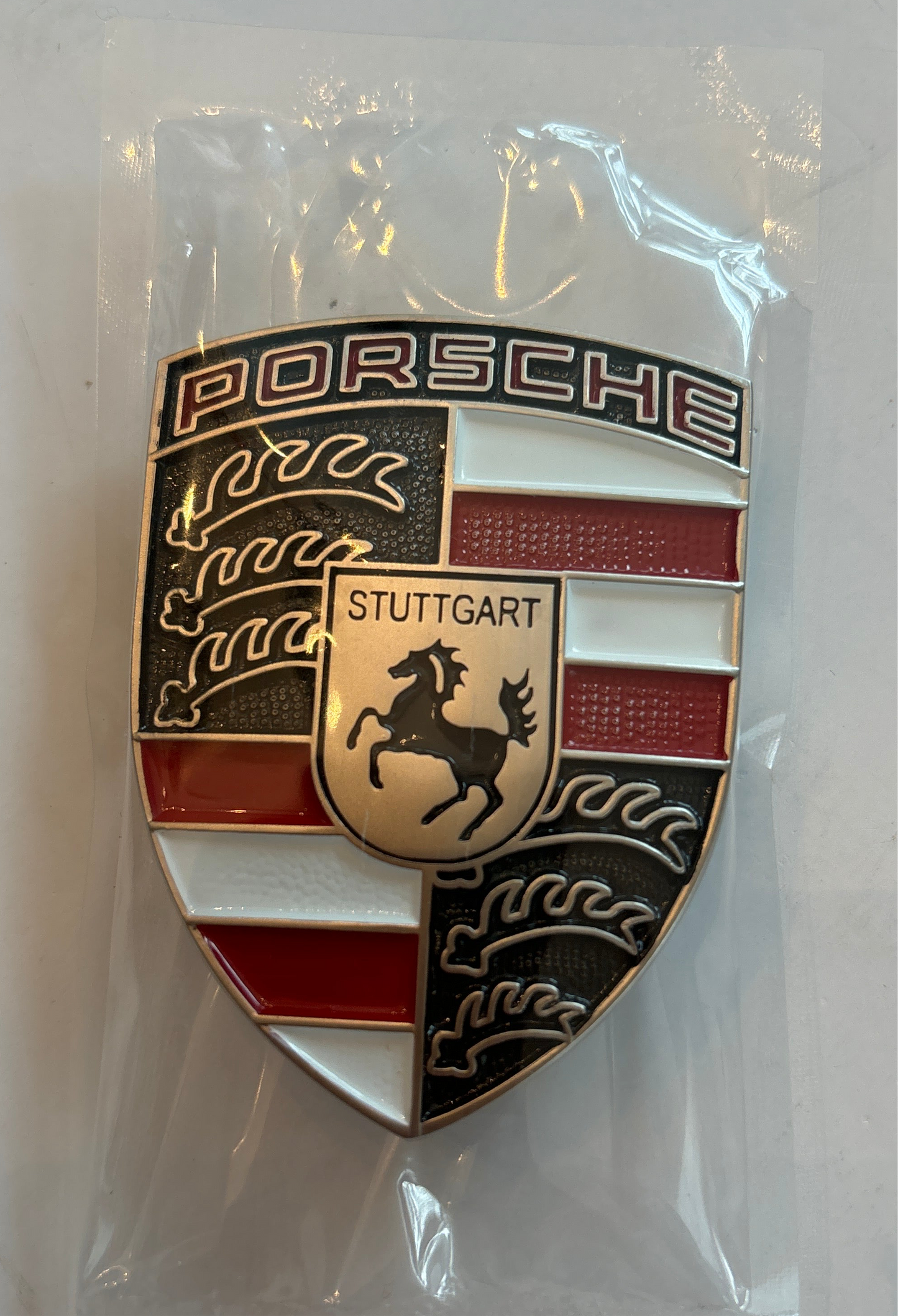 Porsche White and Red Crest Hood Badge