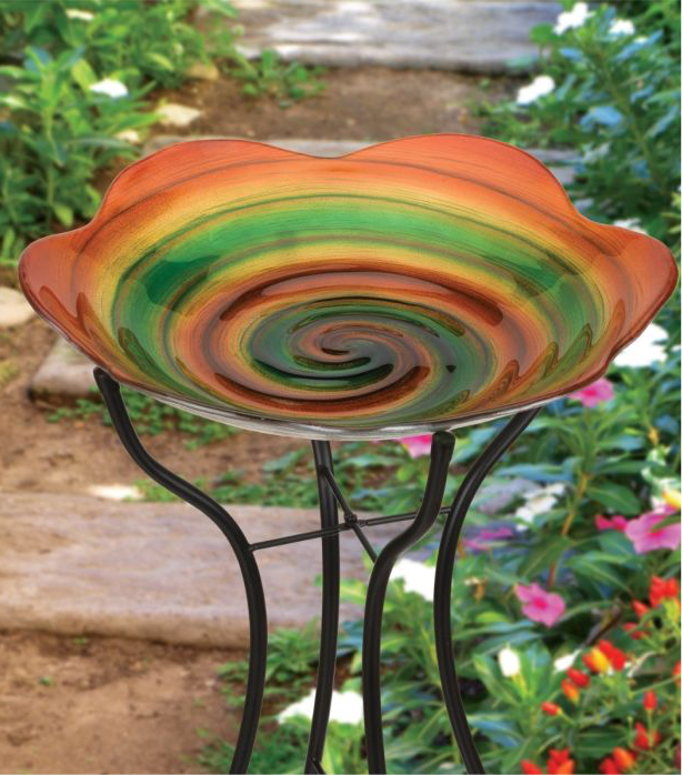 AWESOME Blown Glass Birdbath & Stand - Rainbow Swirl - 18 inch