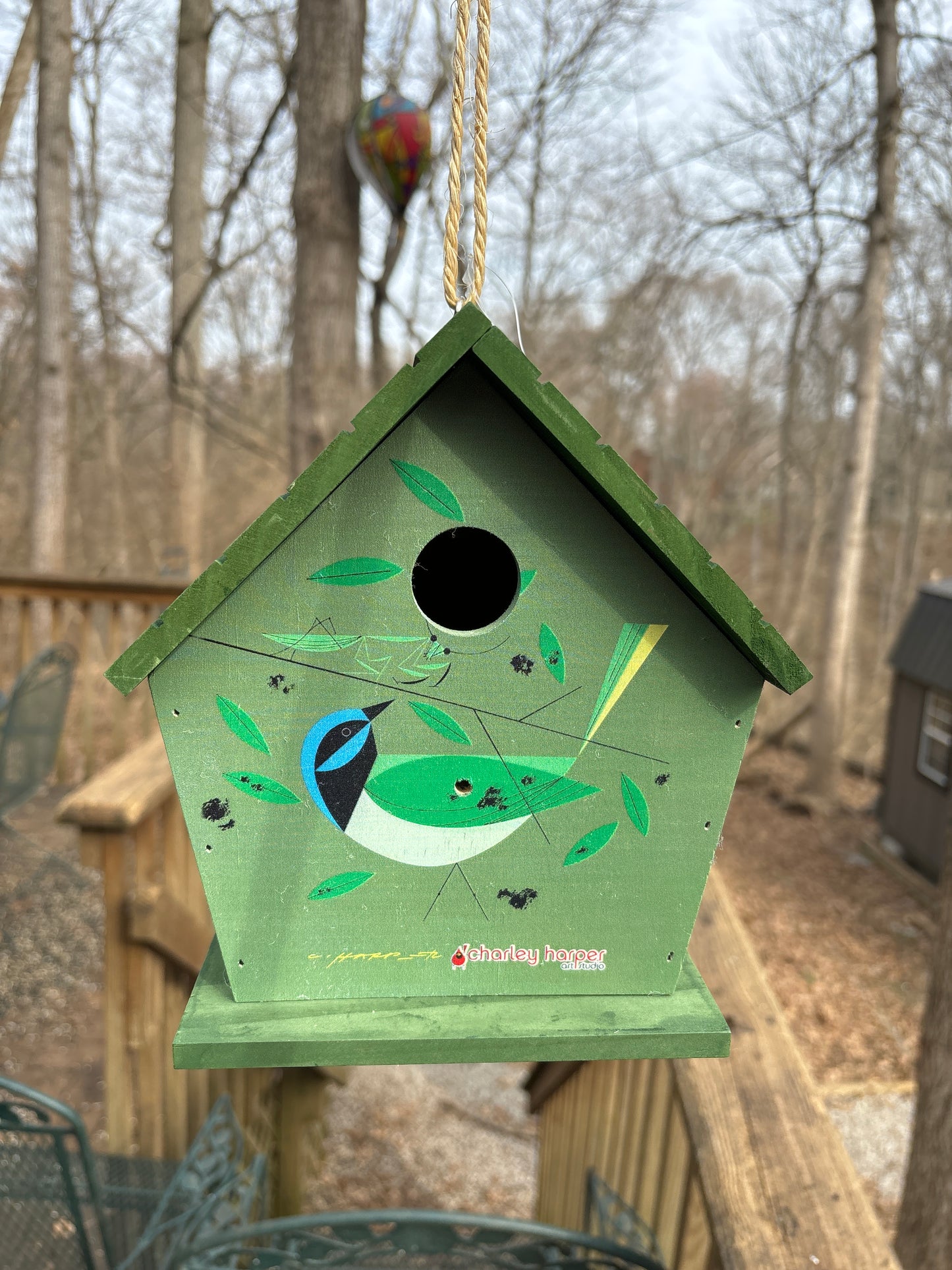 Charley Harper green Jay birdhouse wood