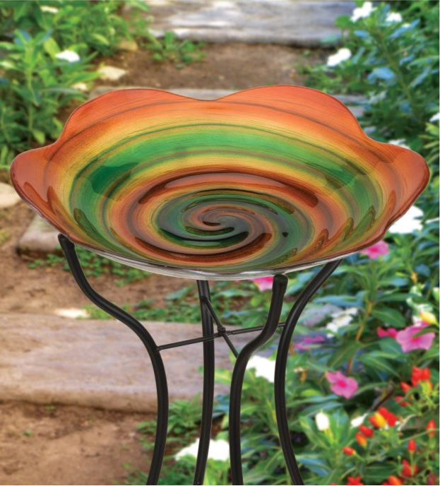 AWESOME Blown Glass Birdbath & Stand - Rainbow Swirl - 18 inch