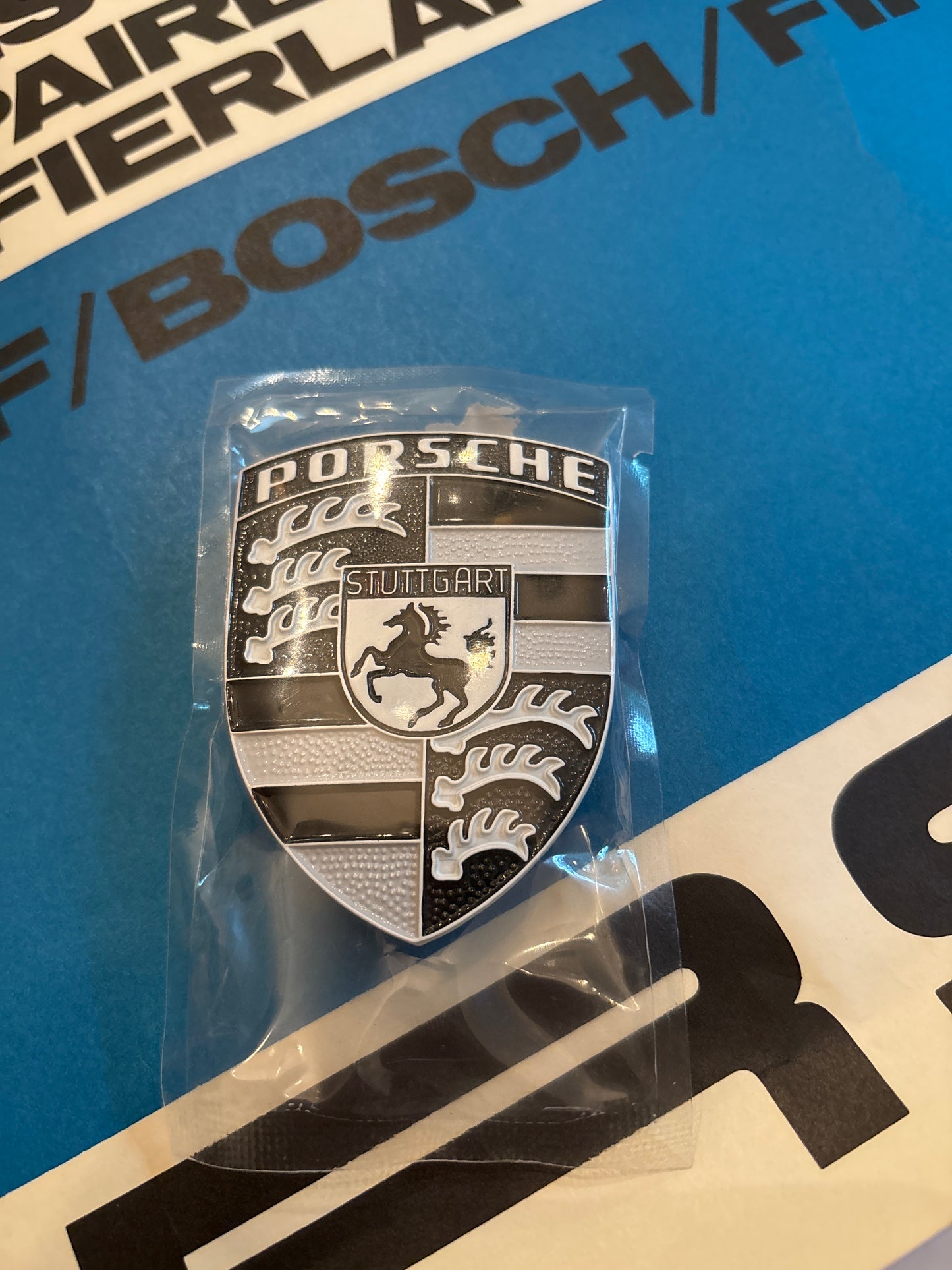 Porsche crest hood badge, gray, black and white