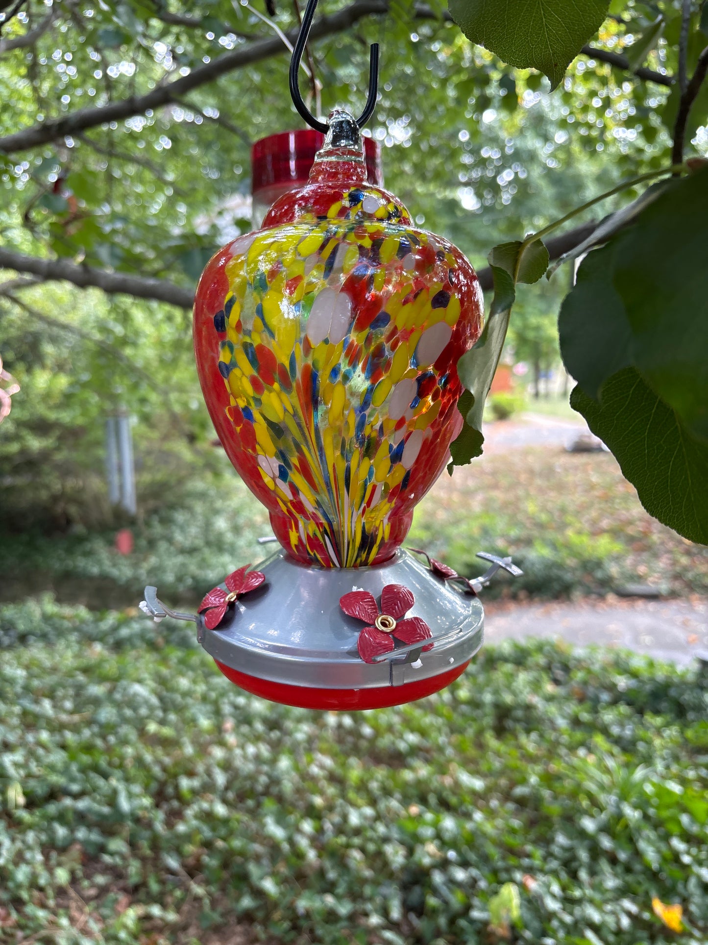 1 Left Hand Blown Glass red, hummingbird feeder with Perch