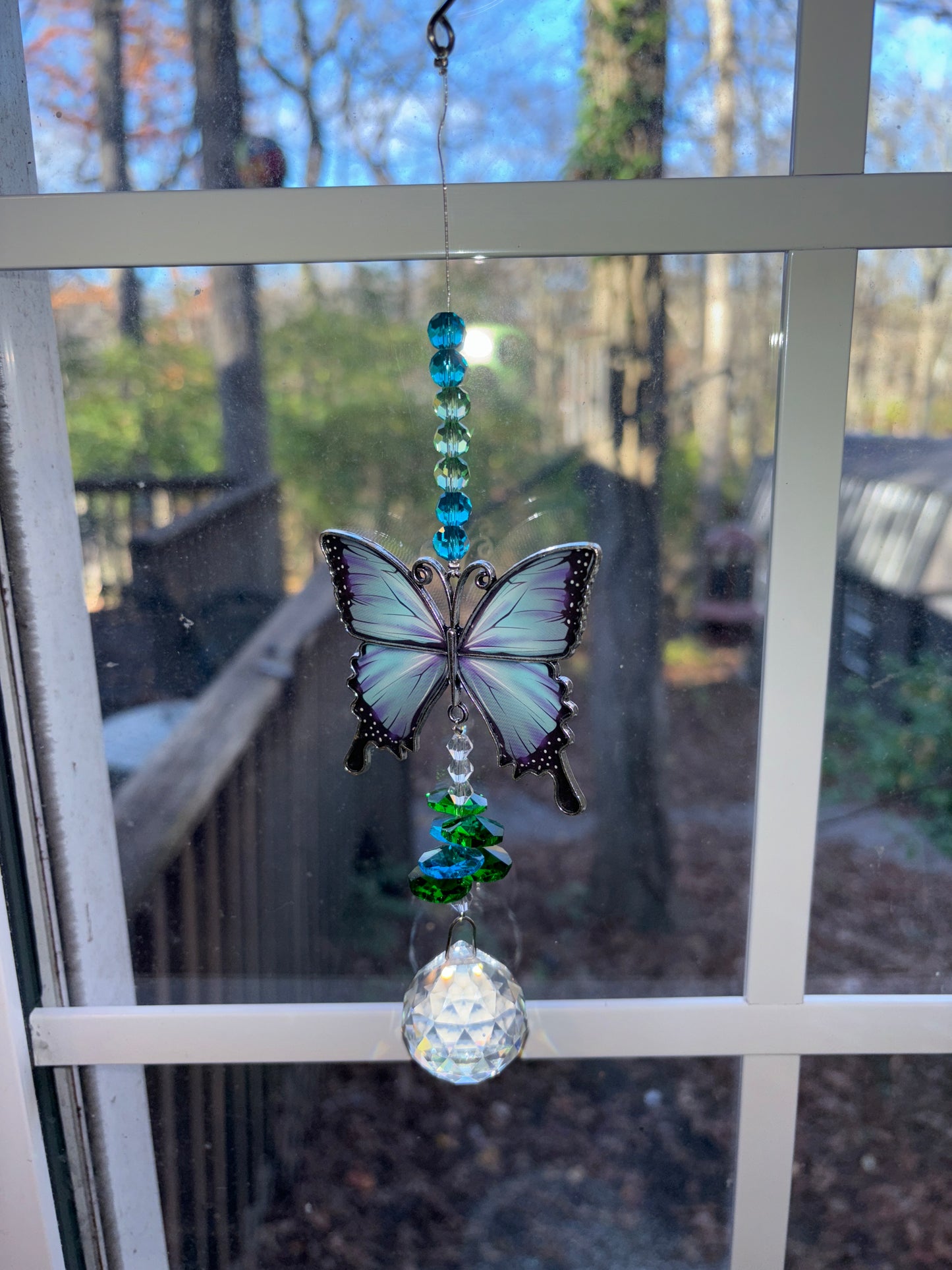 Blue butterfly Morpho window decor stained glass an Crystal Suncatcher