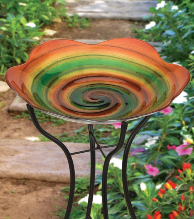 AWESOME Blown Glass Birdbath & Stand - Rainbow Swirl - 18 inch