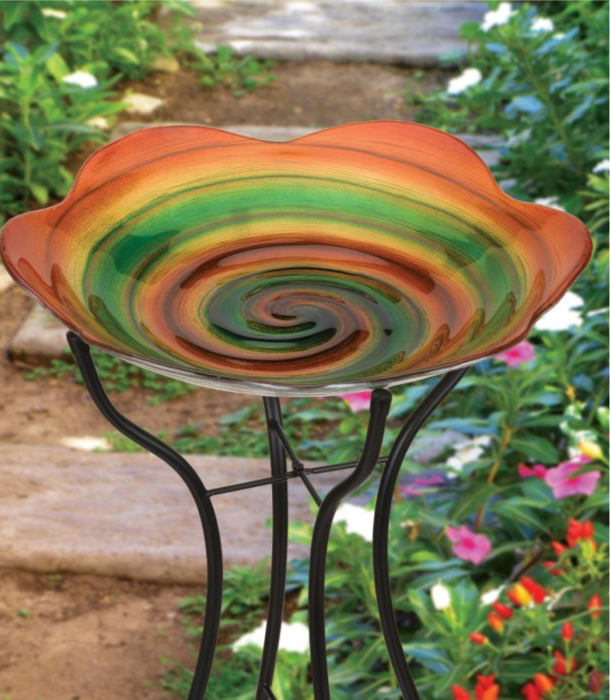 AWESOME Blown Glass Birdbath & Stand - Rainbow Swirl - 18 inch