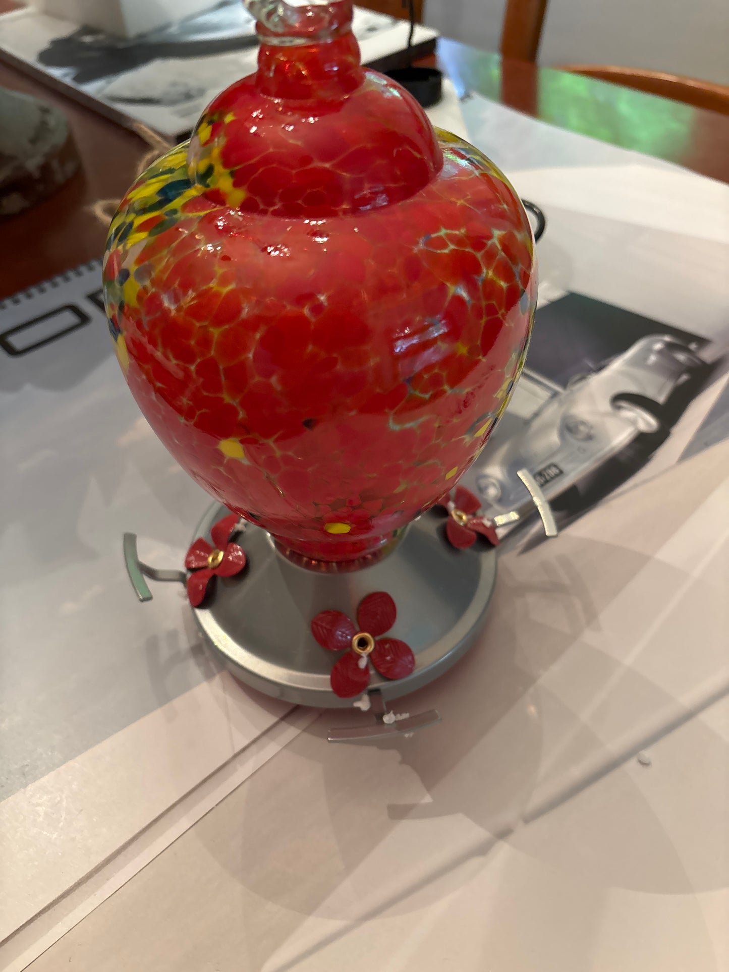 1 Left Hand Blown Glass red, hummingbird feeder with Perch