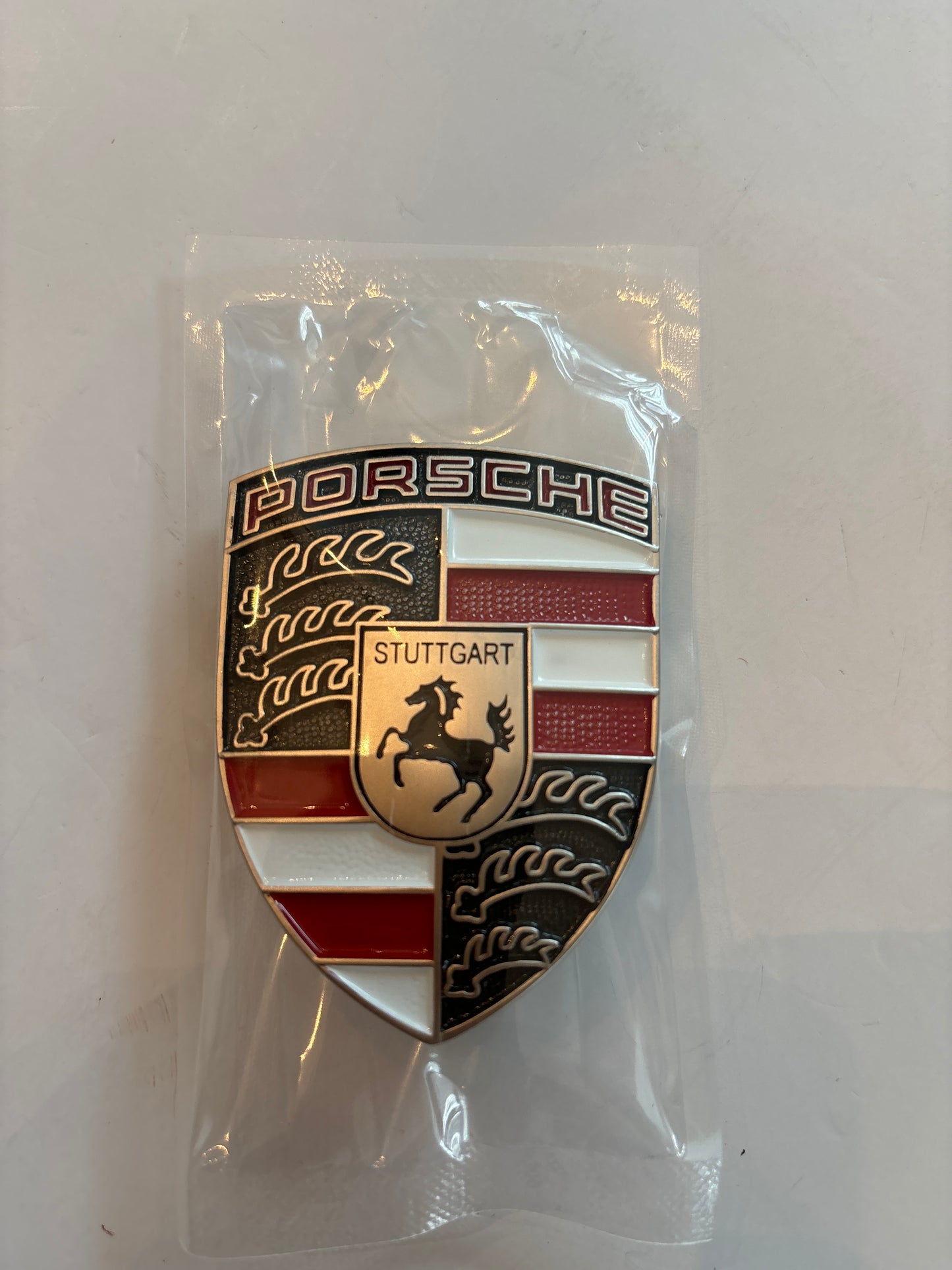Porsche White and Red Crest Hood Badge