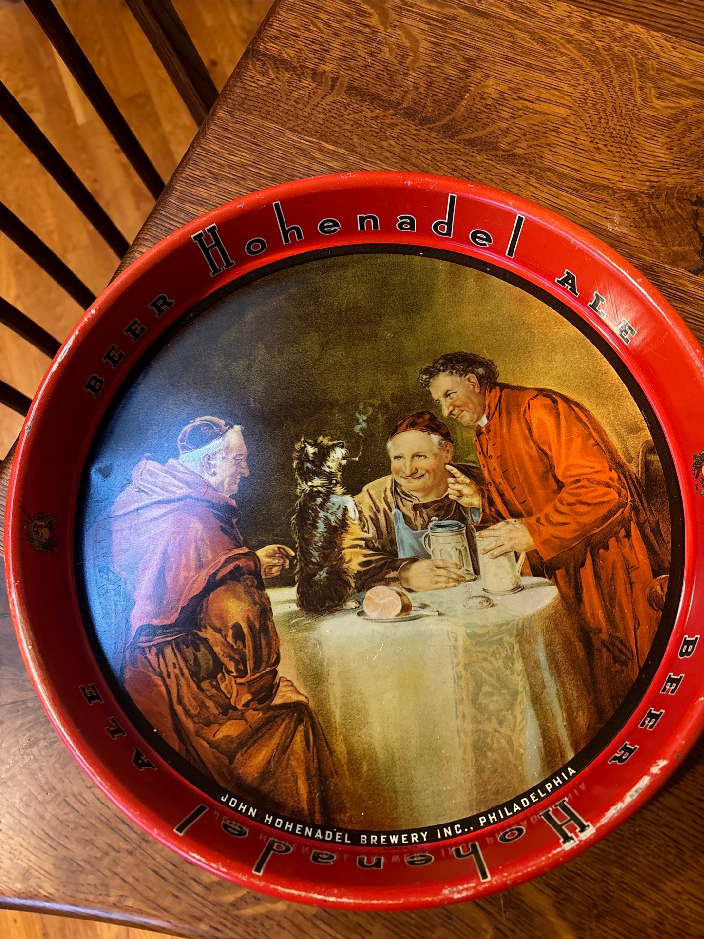 1930’s Hohenadel Ale Beer with Monks and Cigar Smoking Dog Beer Tray 13.25 Inch