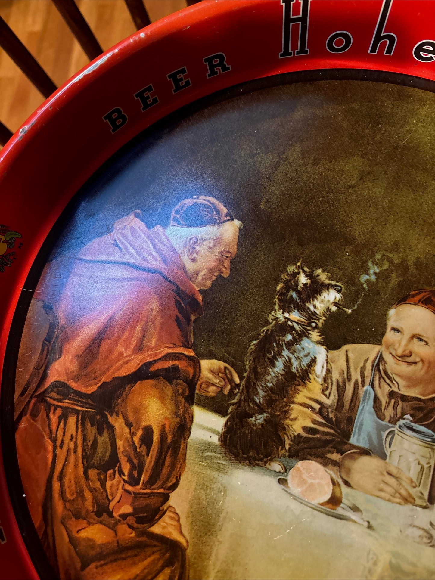 1930’s Hohenadel Ale Beer with Monks and Cigar Smoking Dog Beer Tray 13.25 Inch