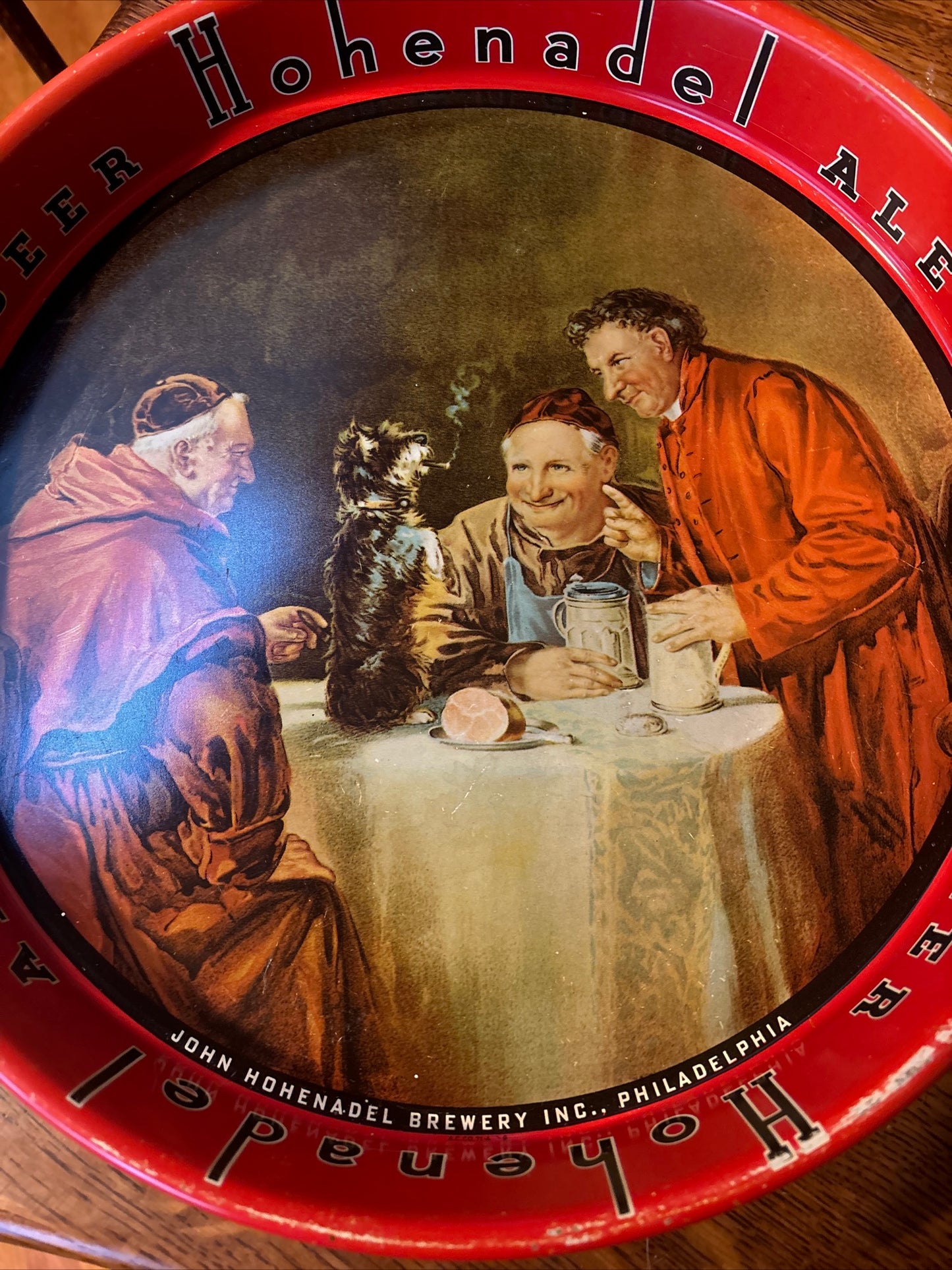 1930’s Hohenadel Ale Beer with Monks and Cigar Smoking Dog Beer Tray 13.25 Inch