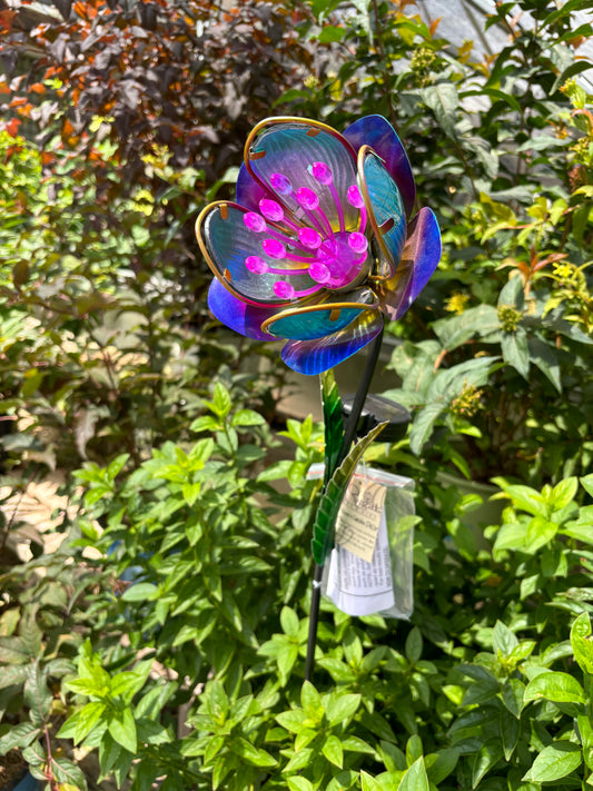 CLOSEOUT DEAL Blue & Purple - Solar - Flower - Garden Stake - Metal/Glass - Mystic colors vary