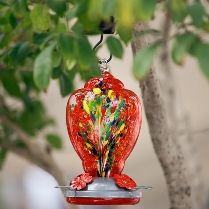 Glass Hummingbird Feeder 32 Ounces Large Hand Blown Glass Patio Garden with Ant Moat