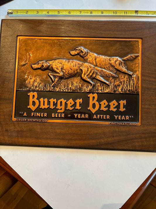 Vintage 1950’s Burger beer hammered, copper Bird Dog advertisement