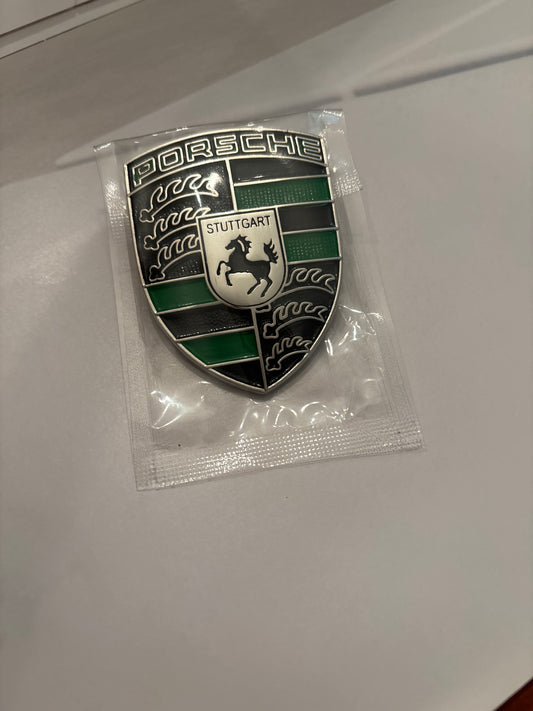 Porsche Metal Crest hood badge, green and black