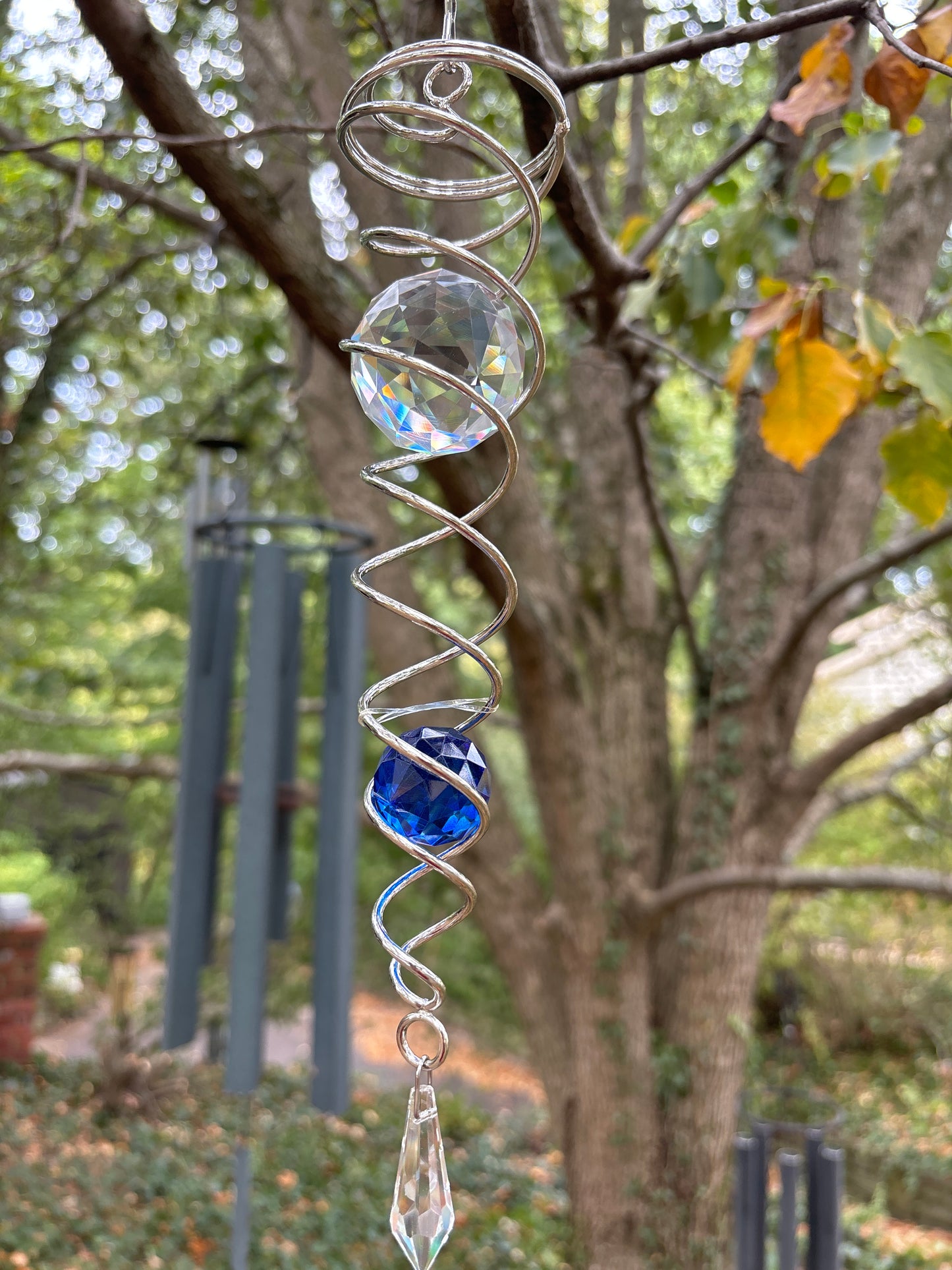 Wind Chimes Decor Crystal Gazing Blue Ball Spiral Tail Wind Spinner Stabilizer