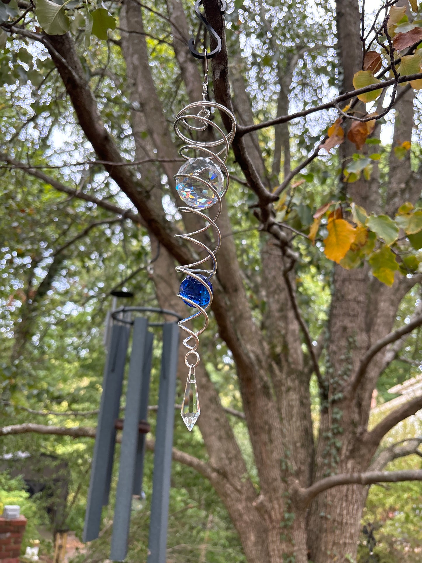 Wind Chimes Decor Crystal Gazing Blue Ball Spiral Tail Wind Spinner Stabilizer