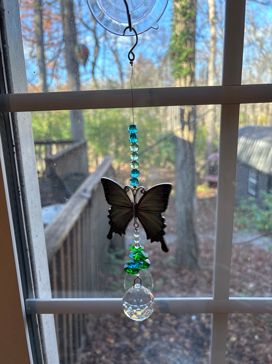 Blue butterfly Morpho window decor stained glass an Crystal Suncatcher