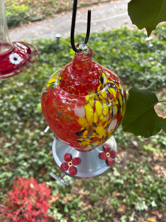 1 Left Hand Blown Glass red, hummingbird feeder with Perch