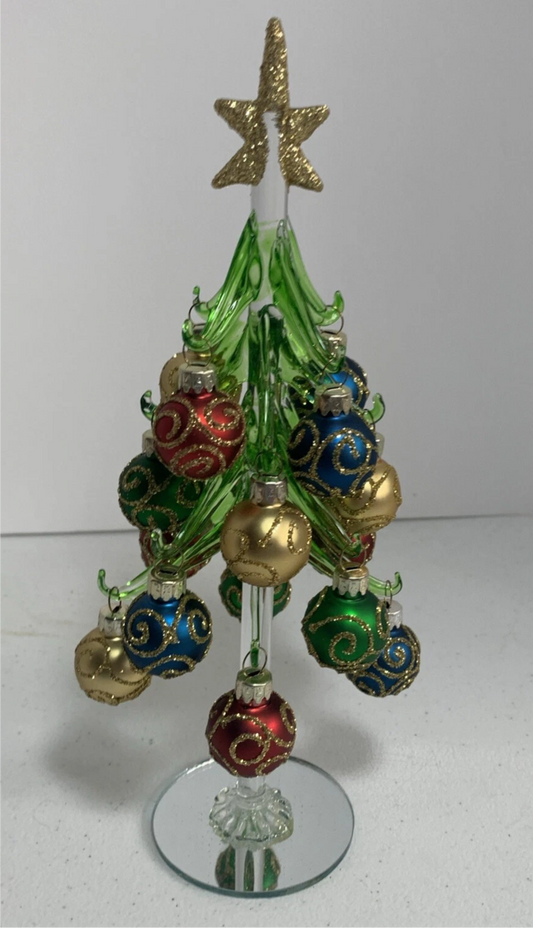 Beautiful Handblown Glass 10 Inch Christmas Tree With 16 Ornaments Gold Accents
