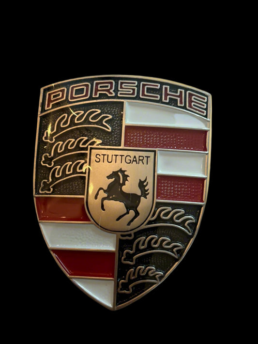 Porsche White and Red Crest Hood Badge