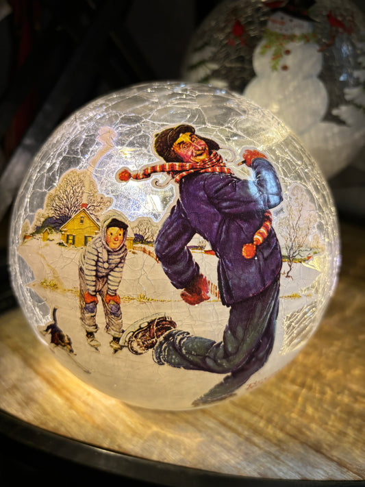 LED Crackle, Glass Globe, Norman Rockwell, Grandpa And Me Ice-Skating Christmas Collection